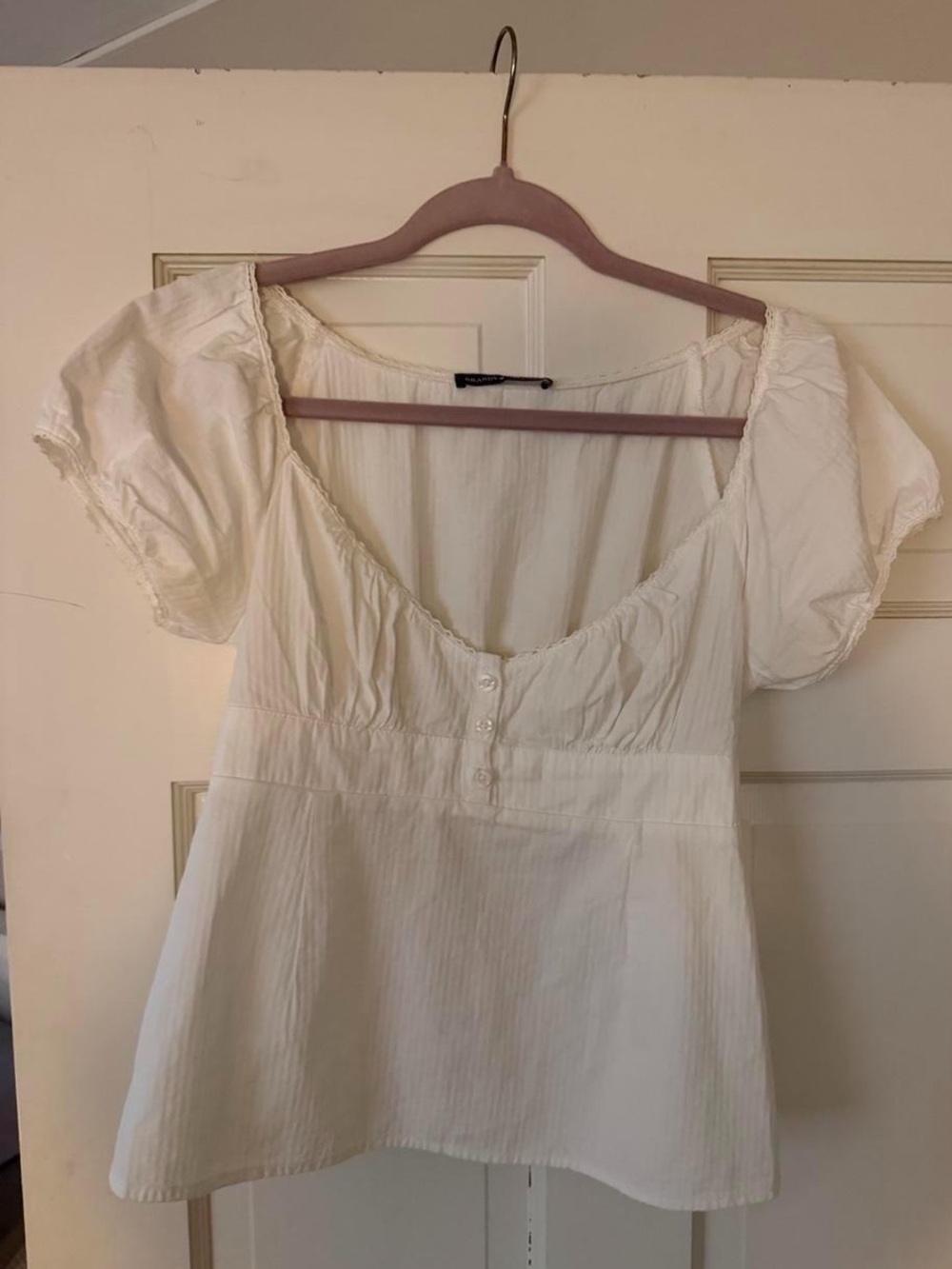 Brandy Melville White Puff Sleeve Button-Front Peplum Top